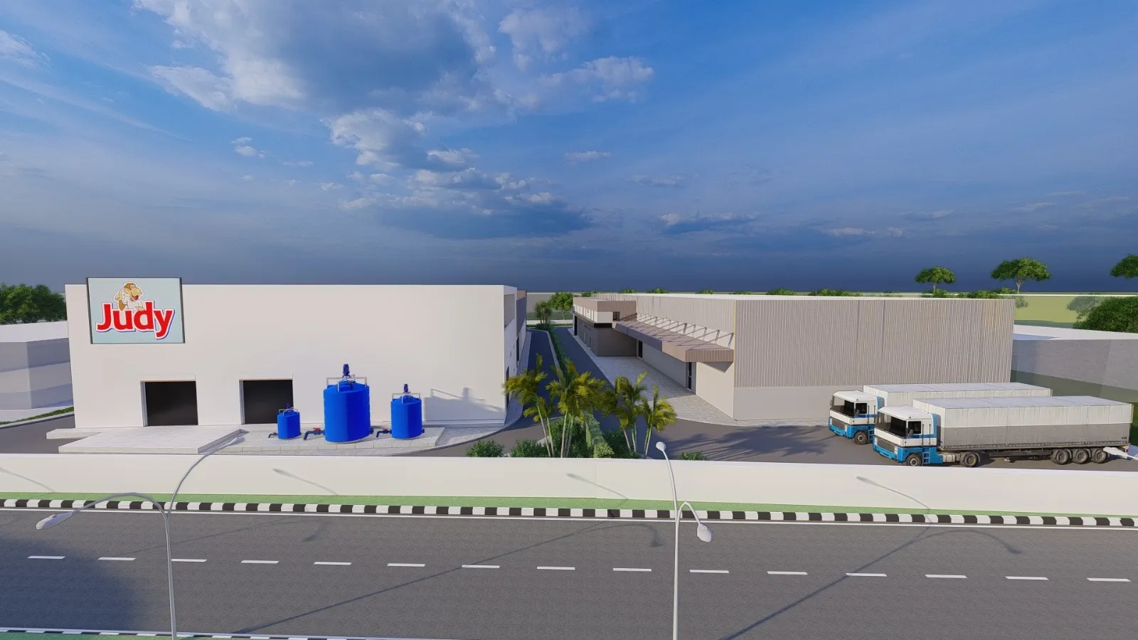 Vue extérieure des volumes industriels et des zones de chargement de PLASTICAP 2