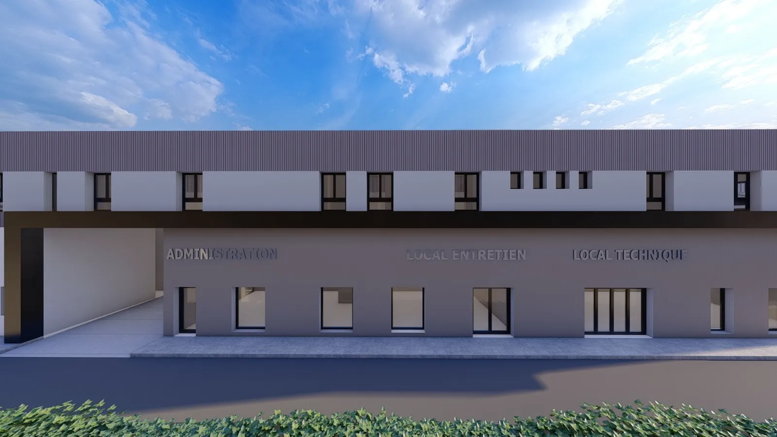 Façade des locaux administratifs, d’entretien et techniques de l’extension PLASTICAP 2