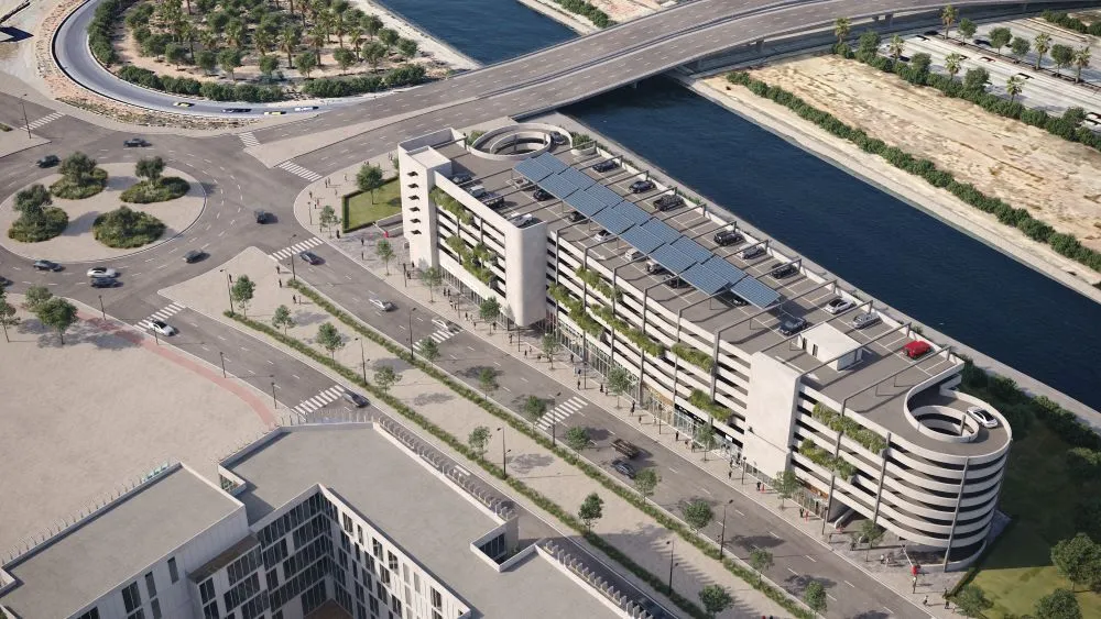 Vue aérienne du parking à étages UBCI dans le lotissement Les Perles du Lac