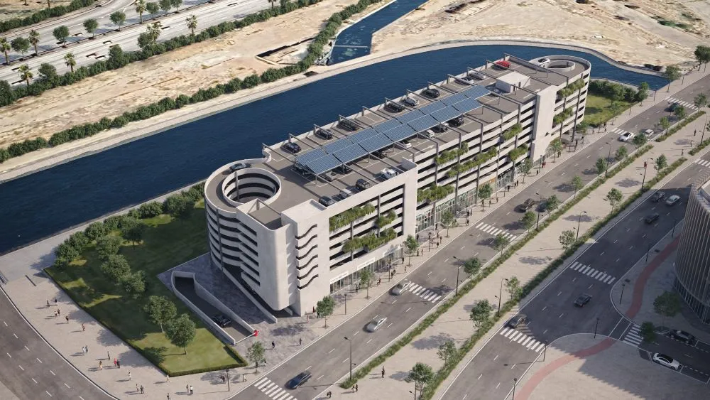 Vue aérienne opposée du parking à étages UBCI et de son environnement urbain