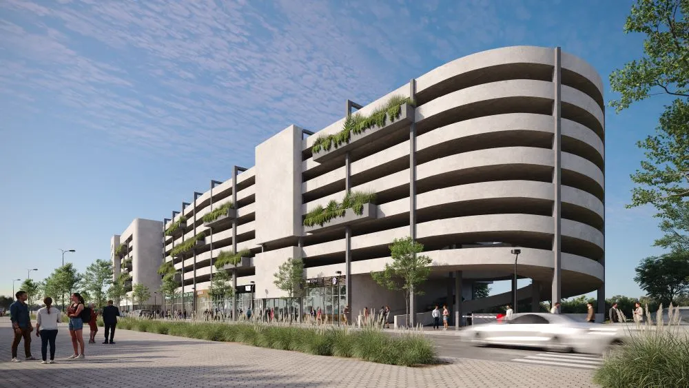 Perspective piétonne de la façade et des niveaux du parking à étages UBCI