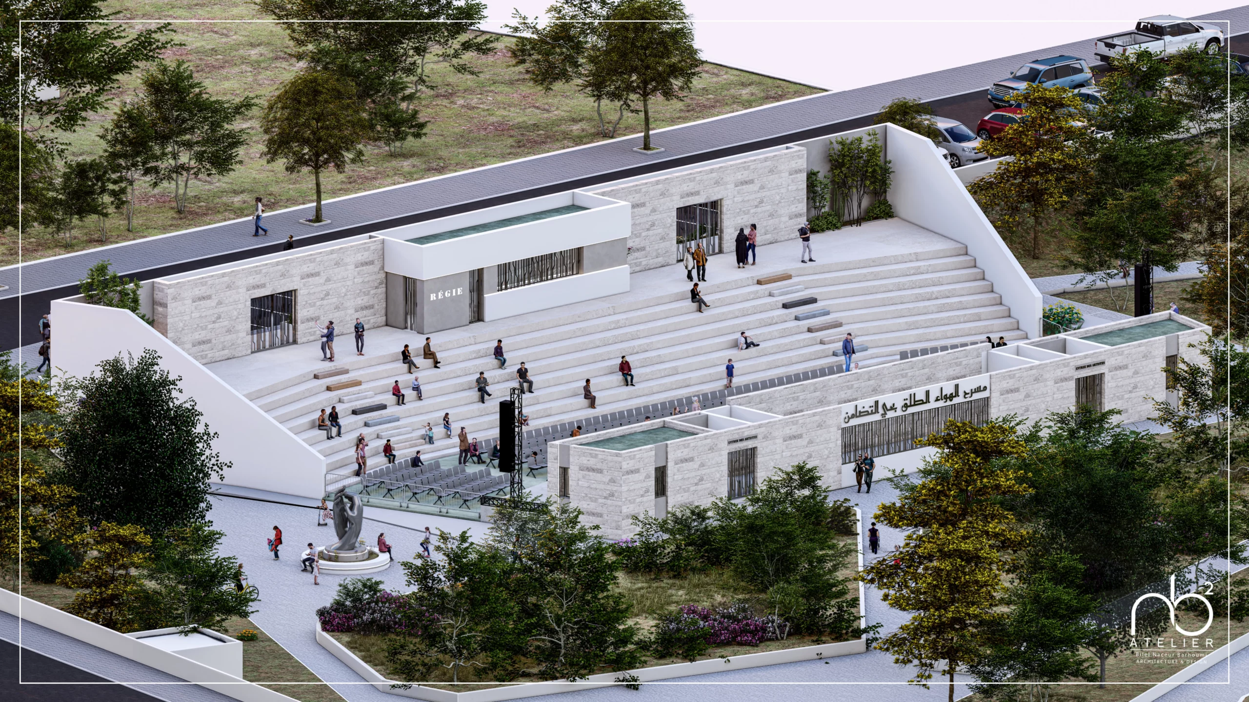 Vue aérienne du théâtre en plein air d’Ettadhamen et de ses gradins