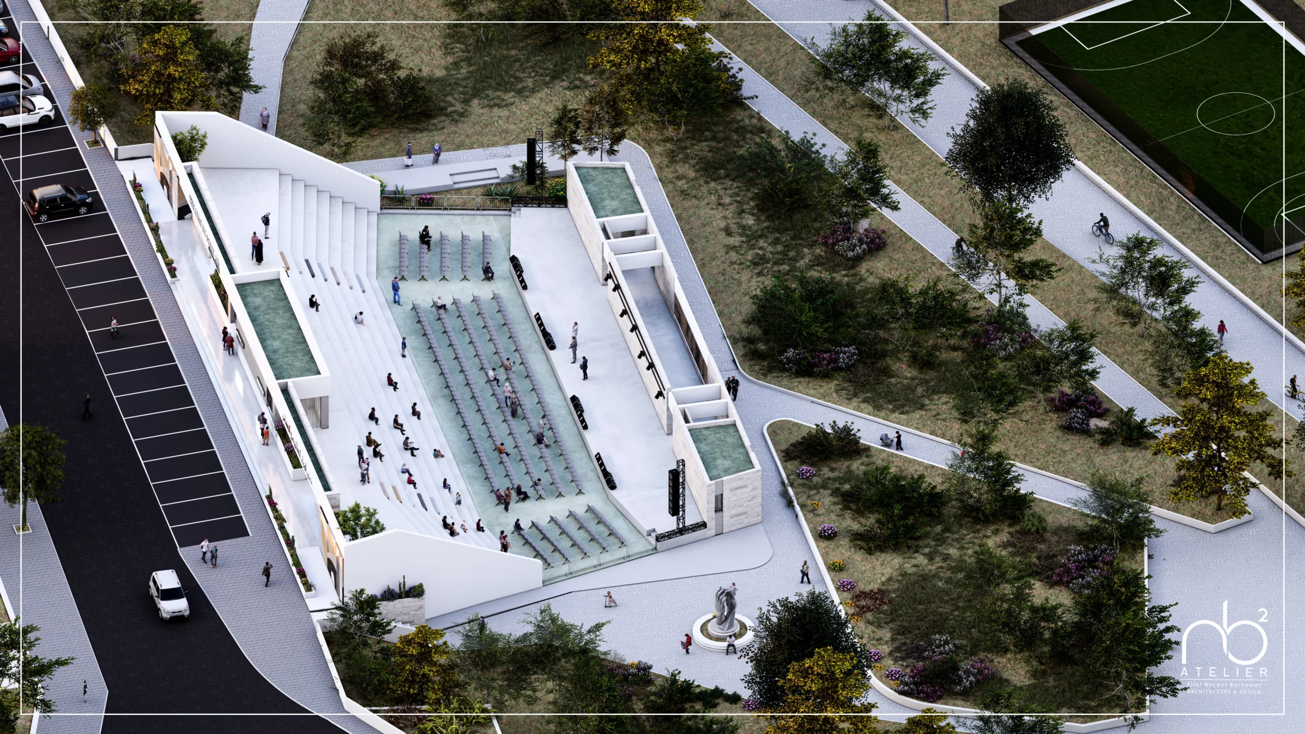 Perspective aérienne de l’amphithéâtre extérieur d’Ettadhamen